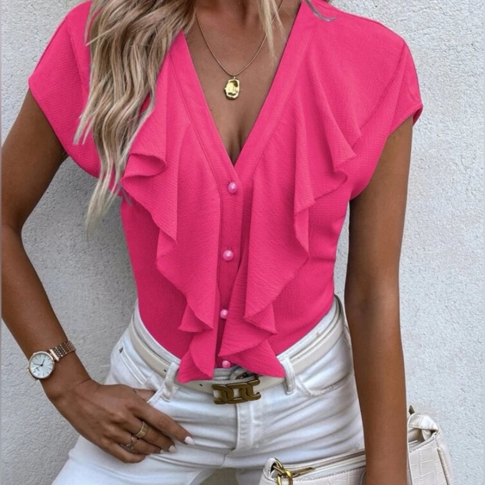 NWOT Hot Pink Plunging V Neck Blouse